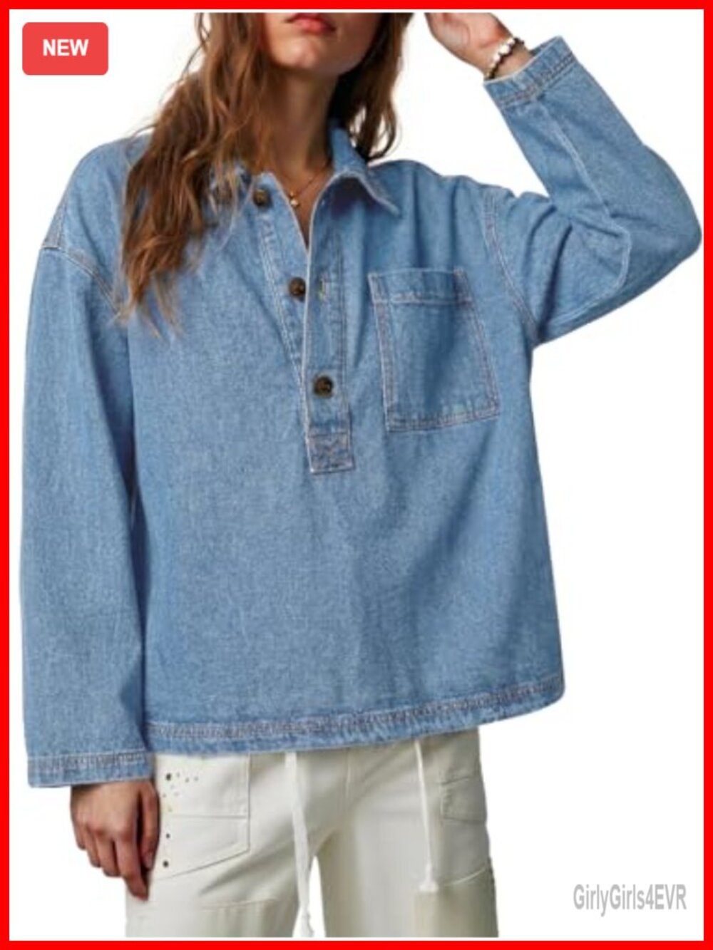 Womens Denim Button Up Shirt V Neck Long Sleeve Cotton Blend Jean Top
